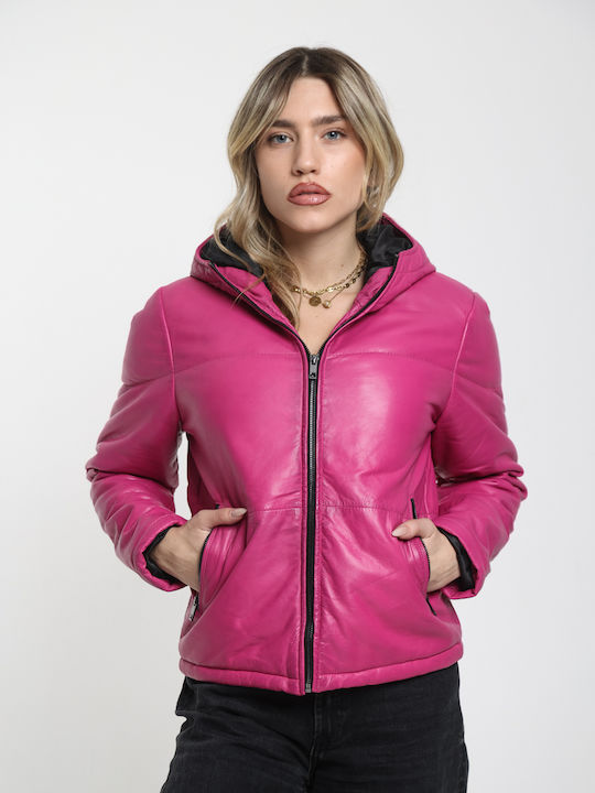 Leather Women's Jacket for Winter Fuchsia