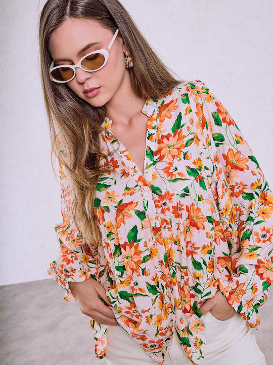 Celestino Women's Shirt Floral Balloon Sleeve Loose Fit Orange