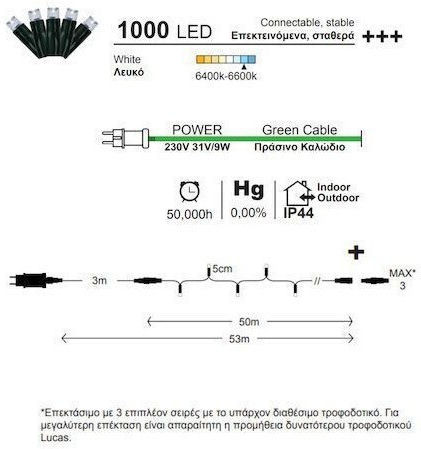 1000 Lichterketten LED Kaltes Weiß in Zeichenfolge 1Stück