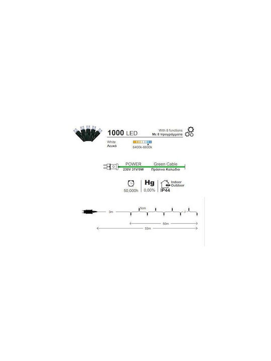 1000 Lights LED 50m. Cold White in String 1pcs