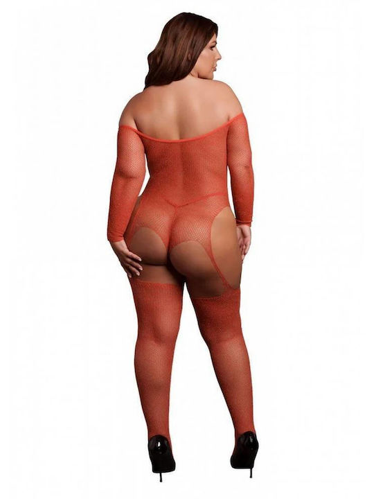 Червено Блестящо Мрежесто Цяло Калсон Жартиери Le Désir Shimmering Off The Shoulder Bodystocking Queen Size Червено Злато Блясък