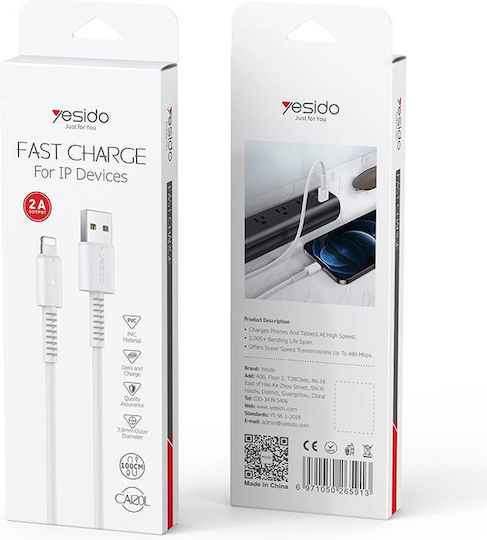 Yesido Regular USB-A la Cablu Lightning 18W Alb 1m