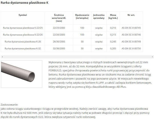 Un Rurka Dystansowa Plastikowa K-22/25 2000mm