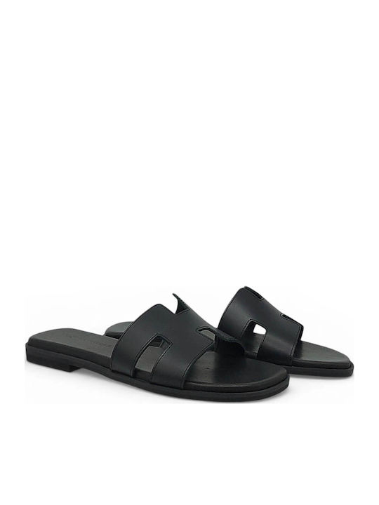Leder Flache Sandalen für Damen Schwarz