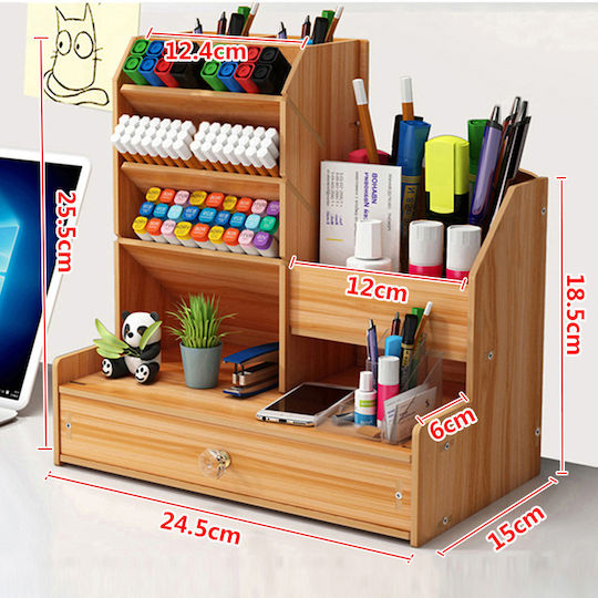 Wooden Office Organizer Multiple Compartments Drawer Pen & Cosmetics 24.5x15x25.4cm