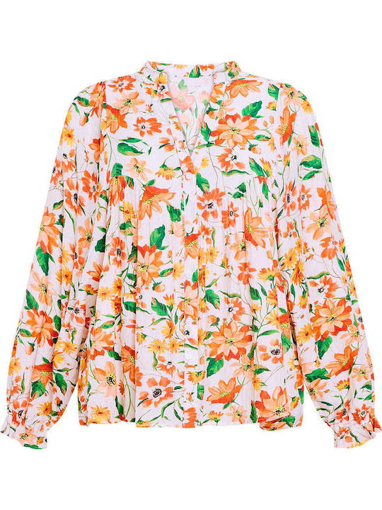 Celestino Women's Shirt Floral Balloon Sleeve Loose Fit Orange