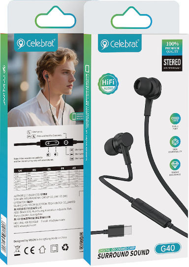 Celebrat G40 In-ear Handsfree Earphones with USB-C Plug Black