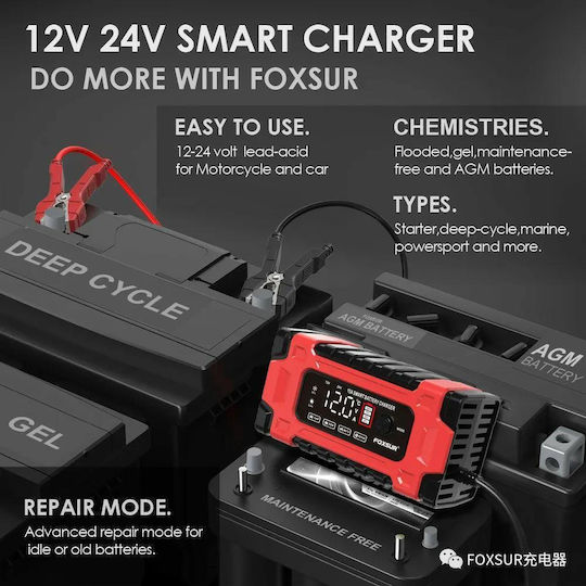 Foxsur Car Battery Charger 12/24V 10A