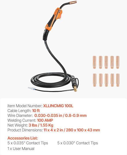 Vevor Mig Welding Gun 100a Cable 3 M Compatible Lincoln Magnum 100l K530-5 11 Contact Tips Mighqlincoln4eq6n001v0
