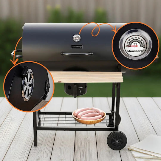 Barbecue Charcoal Klausberg Kb 9033 Cover Lock Thermometer Side Shelves Ash Drawer Wheels Steel Black