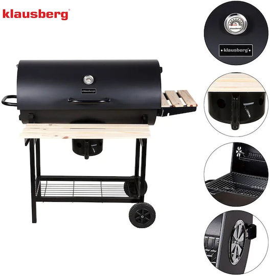 Barbecue Charcoal Klausberg Kb 9033 Cover Lock Thermometer Side Shelves Ash Drawer Wheels Steel Black