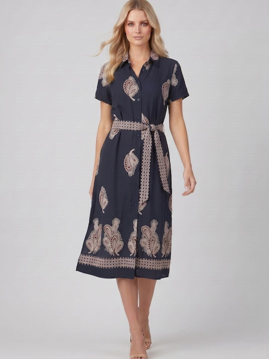 Καλοκαιρινό Midi Σεμιζιέ Φόρεμα Κοντομάνικο Navy Blue