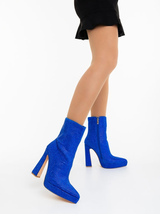Ghete Dama Ankle Boots cu Toc Înalt Albastre