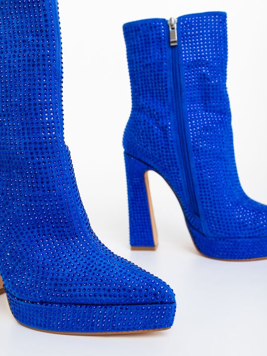 Ghete Dama Ankle Boots cu Toc Înalt Albastre
