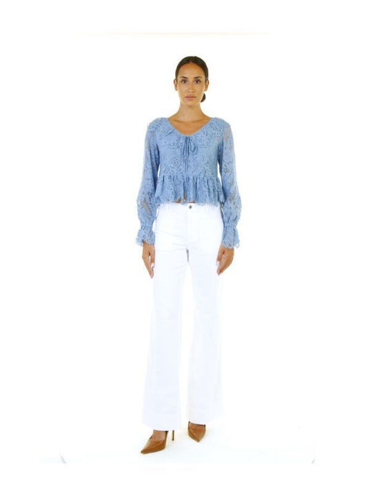 Women's Blouse with V-Neckline Floral Light Blue