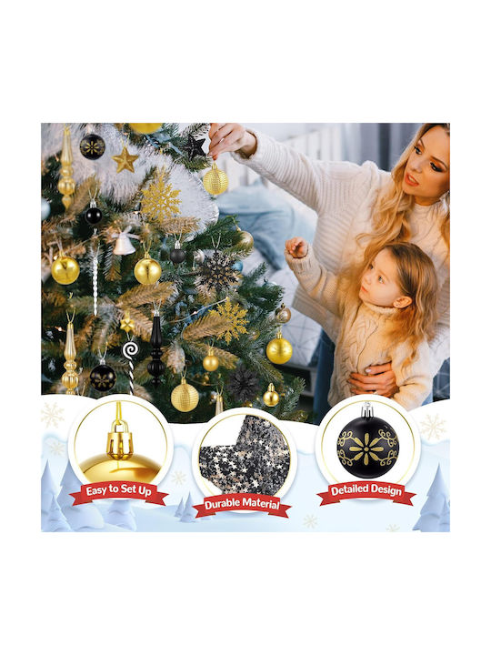 Set 104 Ornamente De Crăciun Pentru Brad Globuri Negre Aurii 3-20 Cm