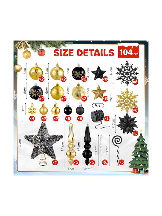 Set 104 Ornamente De Crăciun Pentru Brad Globuri Negre Aurii 3-20 Cm