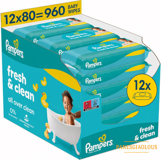 Pampers Fresh Clean Бебешки Кърпички Без Алкохол и Парабени 12x80 Броя