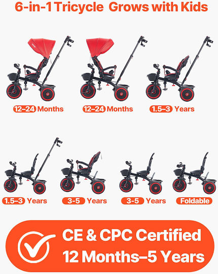Vevor Toddler Convertible with Parental Handle 6 in 1 for Ages 1-5 Red