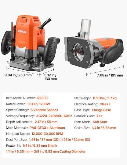 Vevor YXKBJCRSDZJSFMA7K001V2 Κάθετη Φρέζα 1200W με Ρύθμιση Ταχύτητας