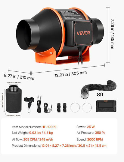 Vevor Εξαεριστήρας Αεραγωγών Διαμέτρου 101.6mm