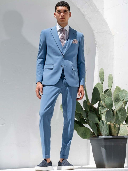 Summer Men's Suit with Vest Slim Fit Blue