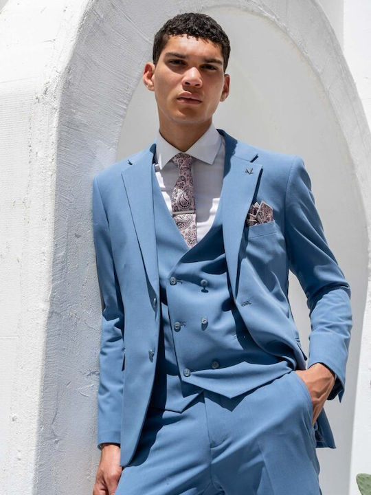 Summer Men's Suit with Vest Slim Fit Blue