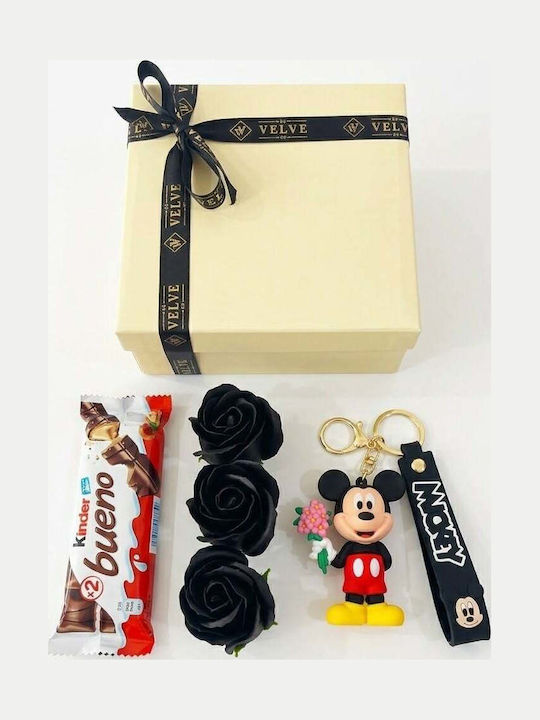 Set Joy Box Kids Breloc Mickey Mouse Disney Figurină 3 Brelocuri Trandafiri Negri Săpun Kinder Bueno