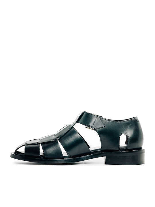 Leder Flache Sandalen für Damen Schwarz
