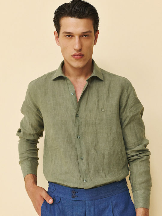 Long Sleeve Linen Shirt in Regular Fit Khaki