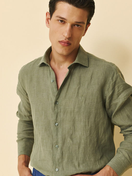 Long Sleeve Linen Shirt in Regular Fit Khaki