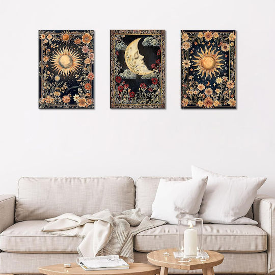 Segeltuch Gemälde Set 3 Stück 50x70cm Boho Gothic Sonne Mond Tarot