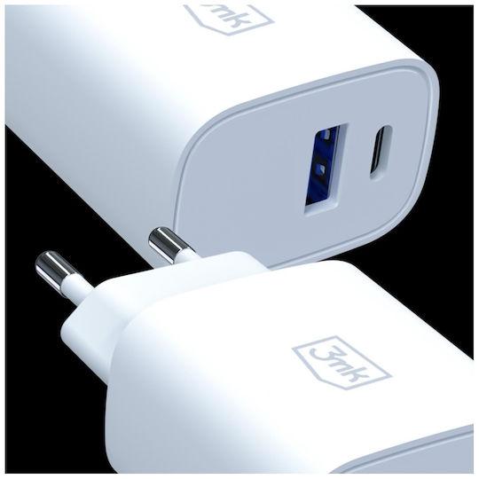 3MK Φορτιστής Χωρίς Καλώδιο με Θύρα USB-A και Θύρα USB-C 25W Power Delivery / Quick Charge 4+ Λευκός (FlowPower)