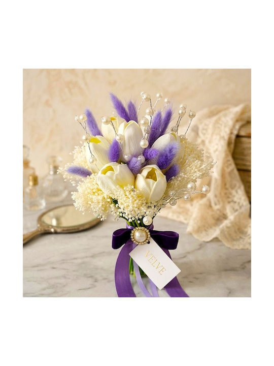 Buchet Elegant De Mireasă Lavandă Alb Lalele Artificiale Liliac Lagurus Perle