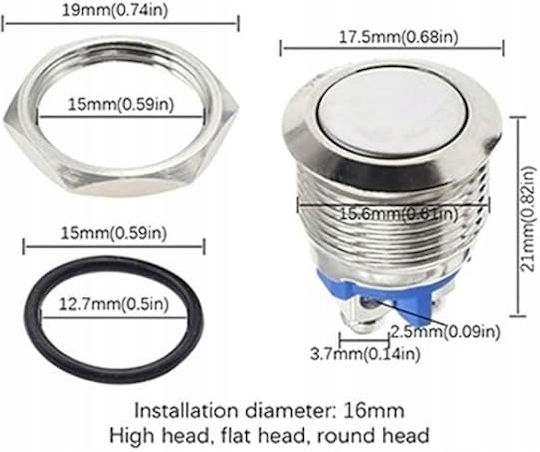 Comutator LED cu Auto Reset Alb 12v-24v Fi16; Inel Iluminat; Alb; Rezistent la Vandalism