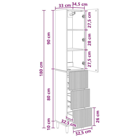 vidaXL Bathroom Column Cabinet Wall Hung M33xD34.5xH90cm Brown