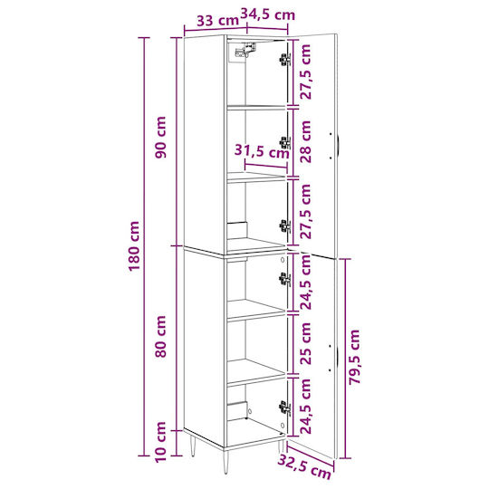 vidaXL Bathroom Column Cabinet Wall Hung M33xL34.5xH89.5cm Gray