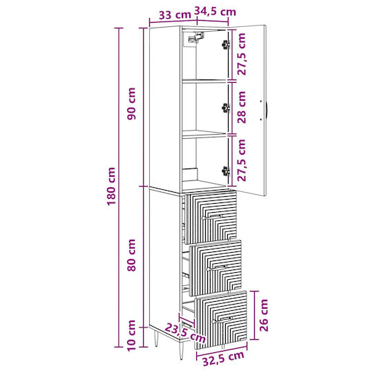 vidaXL Bathroom Column Cabinet Wall Hung M33xD34.5xH90cm Brown