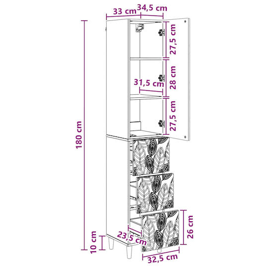 vidaXL Bathroom Column Cabinet Wall Hung M33xD34.5xH90cm Gray