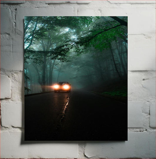 Car On A Foggy Forest Road Αυτοκίνητο Σε Έναν Ομιχλώδη Δασικό Δρόμο