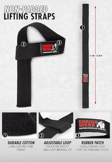 Gorilla Wear Non-Padded Straps Περικάρπια Άρσης Βαρών Μαύρα 2 τμχ