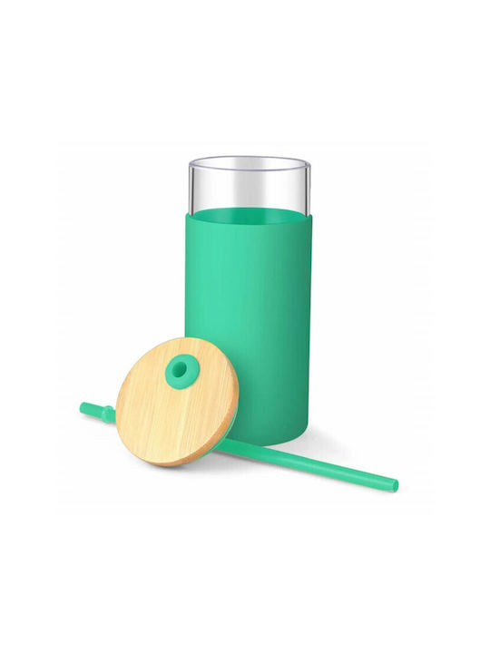 Water Glass in Green Colour with Straw 450ml