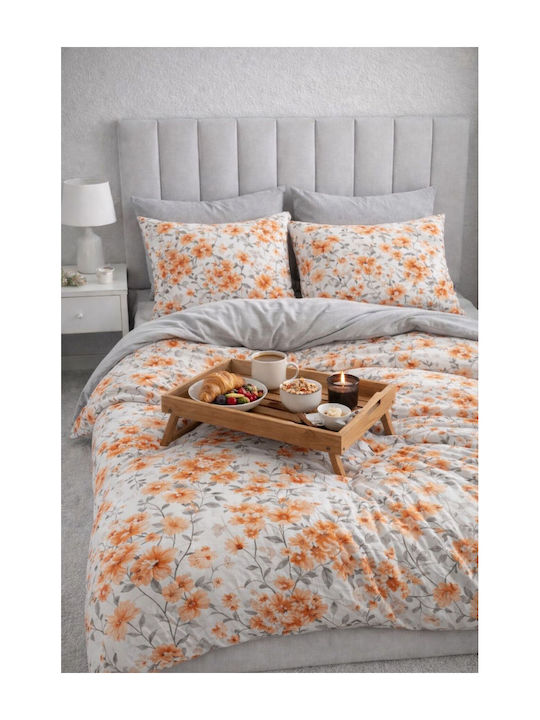 SteweHome Cotton Duvet Cover Set 195x230cm Double With Pillowcase Orange-Grey