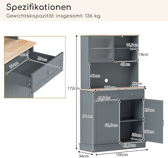 Kitchen Tall Cupboard with Countertop Gray 172x34x100cm