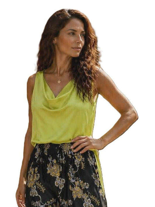 Damen Bluse Satin Ärmellose Drapierung Lime