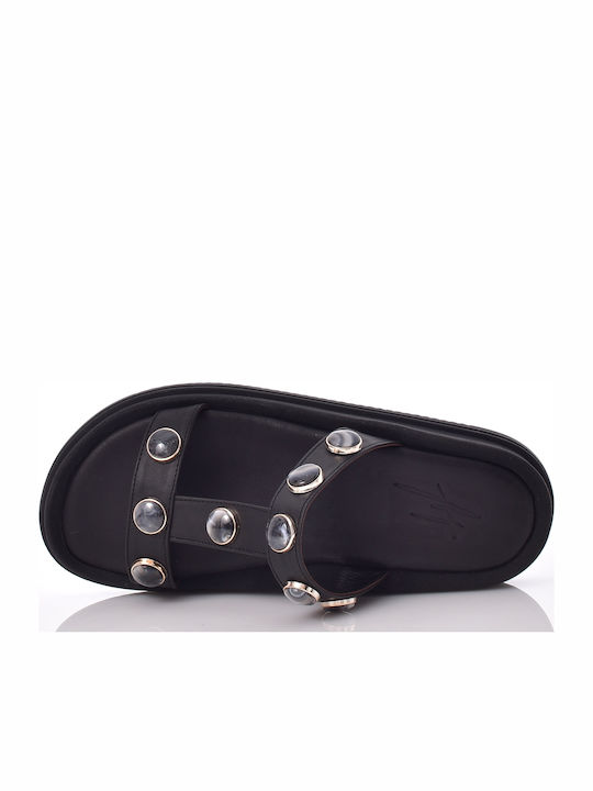 Leder Flache Sandalen Für Damen Schwarz
