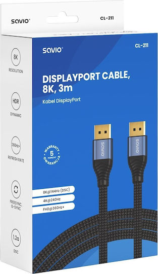 Savio Cable DisplayPort Male - DisplayPort Male 3m Black
