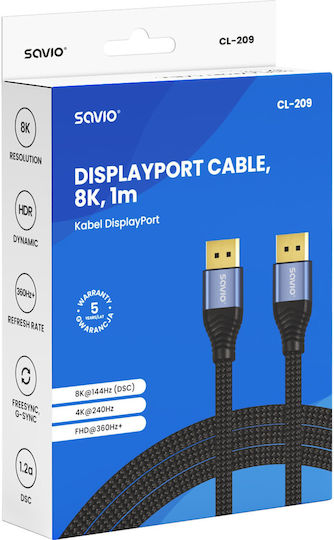 Savio Cable DisplayPort male - DisplayPort male 1m Μαύρο