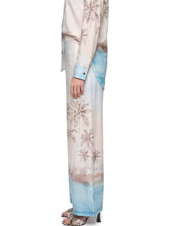 Women's High Rise Pantaloons with Rubber Band in Wide Leg Style Beige-Blue