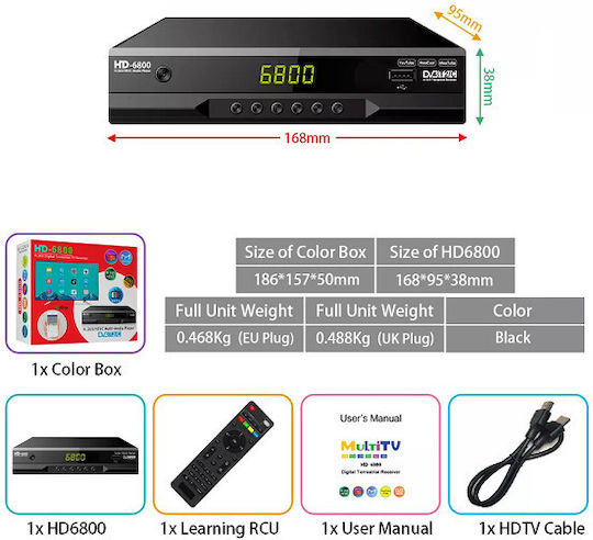 Dvb-t2 H.265 HD6800 Ψηφιακός Δέκτης Mpeg-4 Σύνδεσεις SCART / HDMI / USB